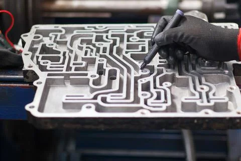 Mechanic marking an automatic transmission valve body with a marker. Stock Photos