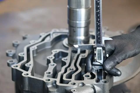 Mechanic measuring machinery component with digital caliper. Stock Photos