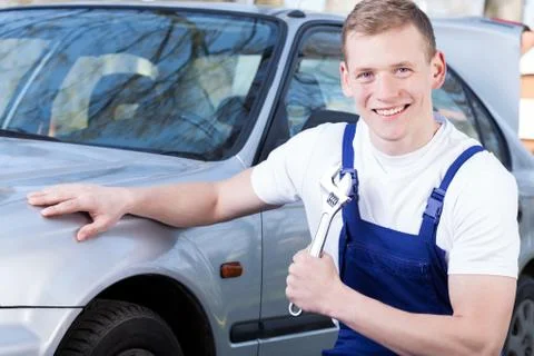 Mechanic with a monkey wrench Stock-Fotos