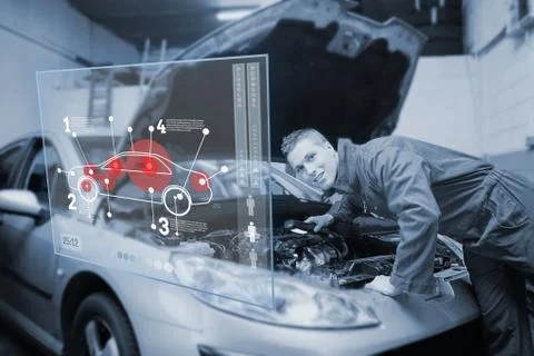 Mechanic with open hood consulting interface in black and white Stock Illustration