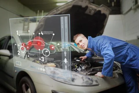 Mechanic with open hood consulting interface Stock Illustration