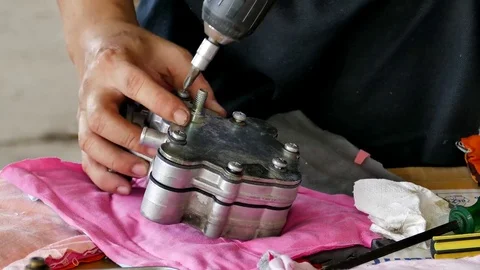Mechanic opening spare parts. Stock Footage