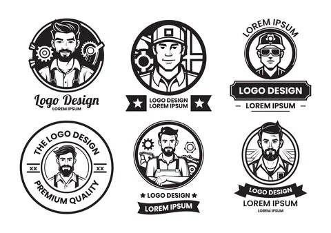 Mechanic or engineer logo in flat line art style Stock Illustration