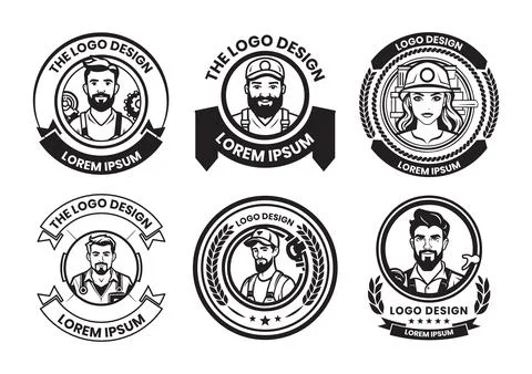 Mechanic or engineer logo in flat line art style Stock Illustration