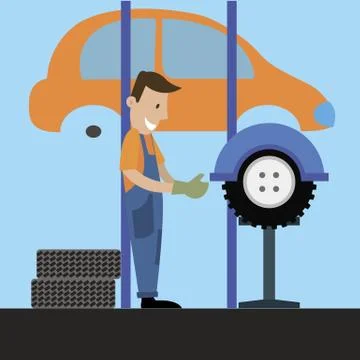 The mechanic performs wheel balancing Stock Illustration