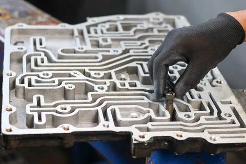 Mechanic placing a bolt into an automatic transmission valve body. 库存照片