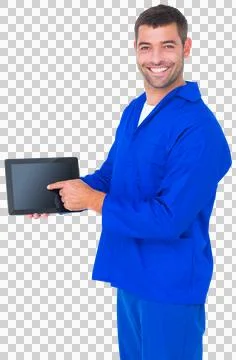 Mechanic pointing on digital tablet on white background Stock Photos