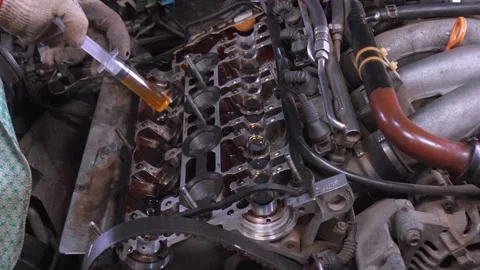 Mechanic pouring engine oil into engine head Stock Footage 297463454