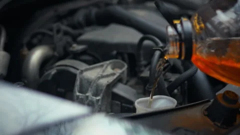 A mechanic pours technical fluid into the engine compartment of a vehicle in Stock Footage 331314401