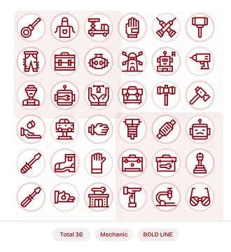 Mechanic Professional Vector Set with 36 Bold Line Pixel Aligned 128x128 Icon Stock Illustration