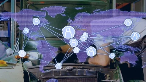 Mechanic reaching into engine diagnosing issue while purple map overlay 動画素材 332522896