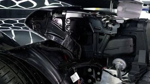 Mechanic reassembling front part of modern car Stock Photos