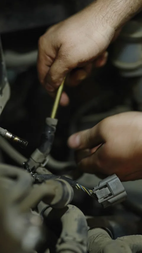 A mechanic removes a long stud bolt near a disconnected hose Stock Footage 336711068