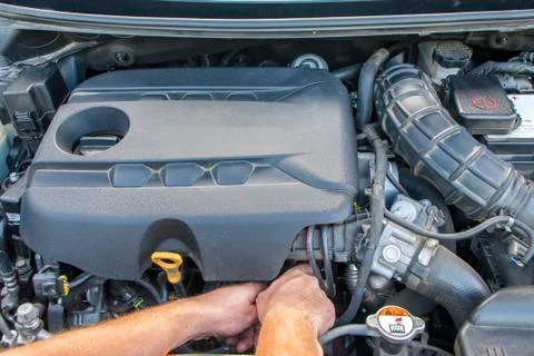 Mechanic repairs car engine Fotos Stock