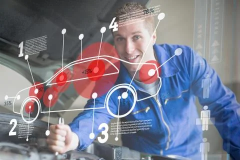 Mechanic reparing car while consulting interface Stock Illustration