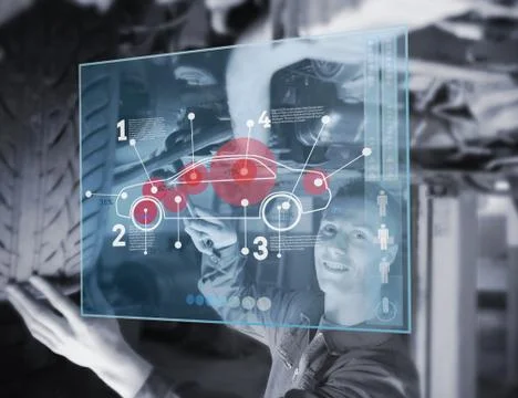 Mechanic reparing car while looking at futuristic interface Stock Illustration