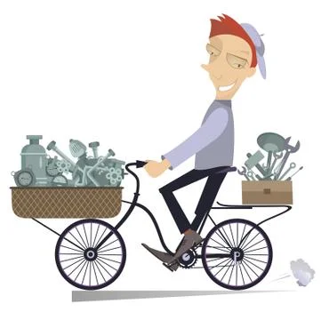 Mechanic with replacement components and tools rides on the bike  Illustration Stock Illustration