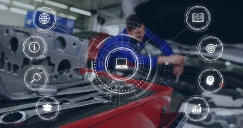 Mechanic responding to HUD prompt, reaching red cart, selecting wrench, Stock Footage 329904357