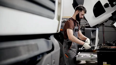 Mechanic selecting tools for truck repairs in garage, focusing on maintenance Stock Footage 333705844