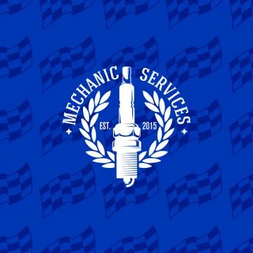 Mechanic service logo on seamless pattern checkered flag, vector illustration Illustrazione stock