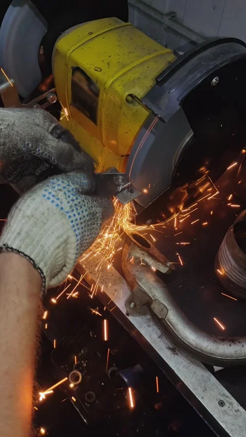 Mechanic Sharpening Blade on Angle Grinder in Auto Workshop Stock Footage 346171127