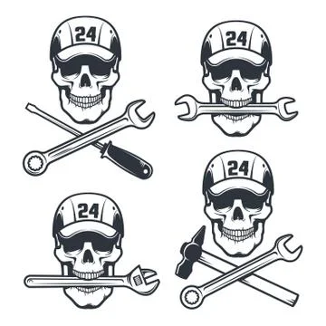 Mechanic Skull in cap with spanner and hammer - retro logo Stock Illustration