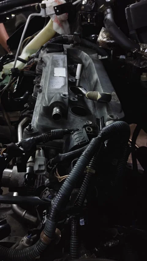 Mechanic socket wrench lying on a silver car engine valve cover Stock Footage 340415291