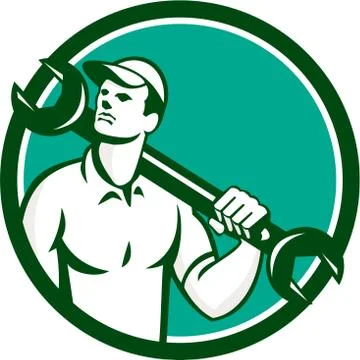 Mechanic Spanner Wrench Looking Up Retro Stock Illustration
