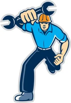 Mechanic spanner wrench running retro Stock Illustration