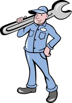 Mechanic with spanner wrench standing Illustrazione stock