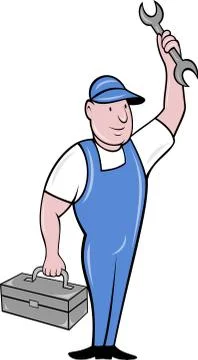 Mechanic with spanner wrench standing toolbox Stock Illustration