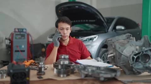 Mechanic speaks on phone while working on car parts 库存影片 339545821