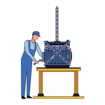 Mechanic standing fixing a car engine on a table, flat design Stock Illustration