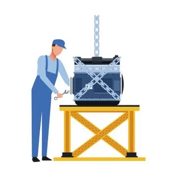 Mechanic standing fixing a car engine on a table Stock Illustration