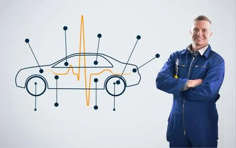Mechanic standing in front of a background with car diagram Stock Illustration