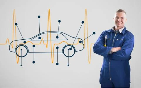 Mechanic standing in front of a background with car Stock Illustration