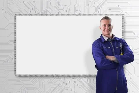 Mechanic standing in front of a white screen Stock Illustration