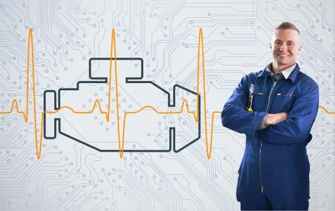 Mechanic standing proudly in front of engine background Stock Illustration