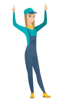 Mechanic standing with raised arms up Stock Illustration