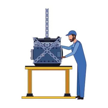 Mechanic standing supervising a car engine on a table, colorful design Stock Illustration
