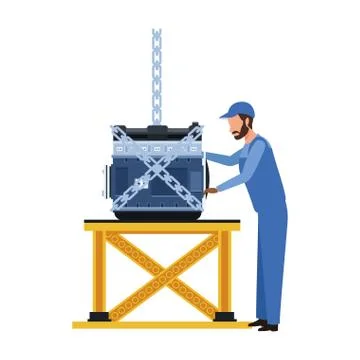 Mechanic standing supervising a car engine on a table Stock Illustration