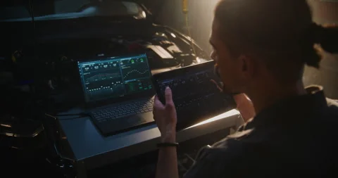 Mechanic With Tablet Analyzing Engine Diagnostics Data Stock Footage 329385090
