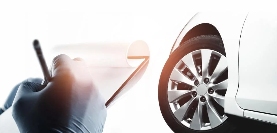 The mechanic is taking notes on paper for analyzing the car problems, auto .. Stock Photos