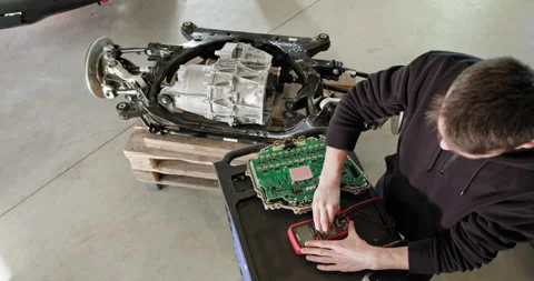 Mechanic Testing Electronic Unit Of Disassembled Electric Car Engine Stock Footage 277345461
