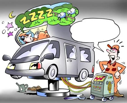 Mechanic testing sleeping compartment of a camper Illustrazione stock