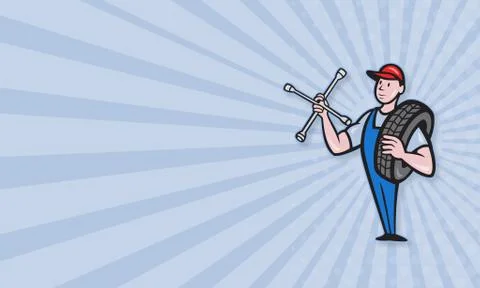 Mechanic with tire socket wrench and tire. Stock Illustration