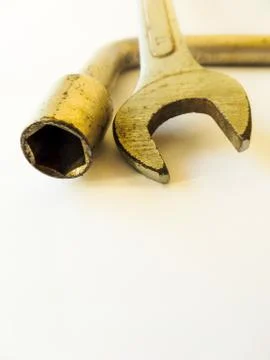 Mechanic tool: L-Shaped Socket Wrench Tool and a simple good wrench with blur Foto stock