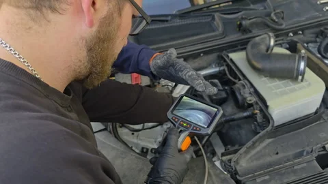 Mechanic uses borescope to inspect engine cylinder through intake system, Real Stock Footage 311075709