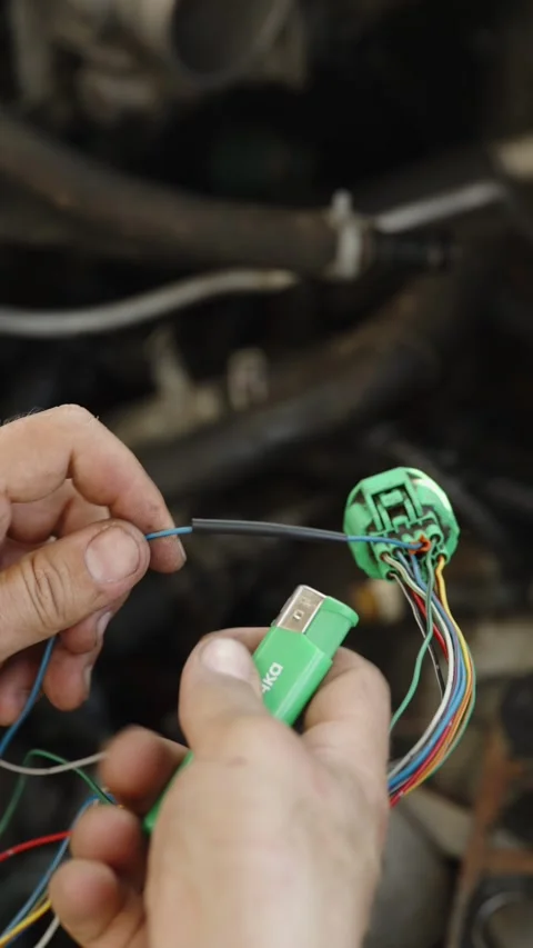 Mechanic uses a lighter to heat shrink wire insulation tube Stock Footage 337570239