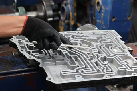 Mechanic using an allen key to inspect an automatic transmission valve body. Stock Photos
